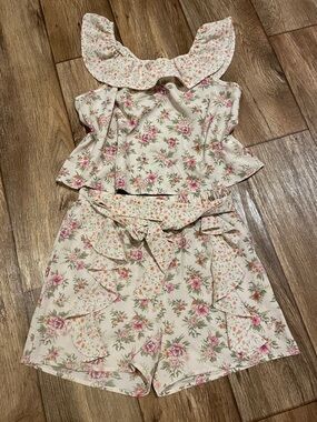 Cream Floral Ruffle Set Girl Size 14 Boho Coquette Prairie